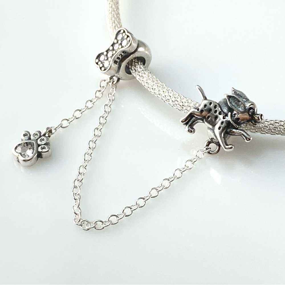 Sterling Silver Dalmatian Puppy Dog, Paw and Bone Safety Chain Charm